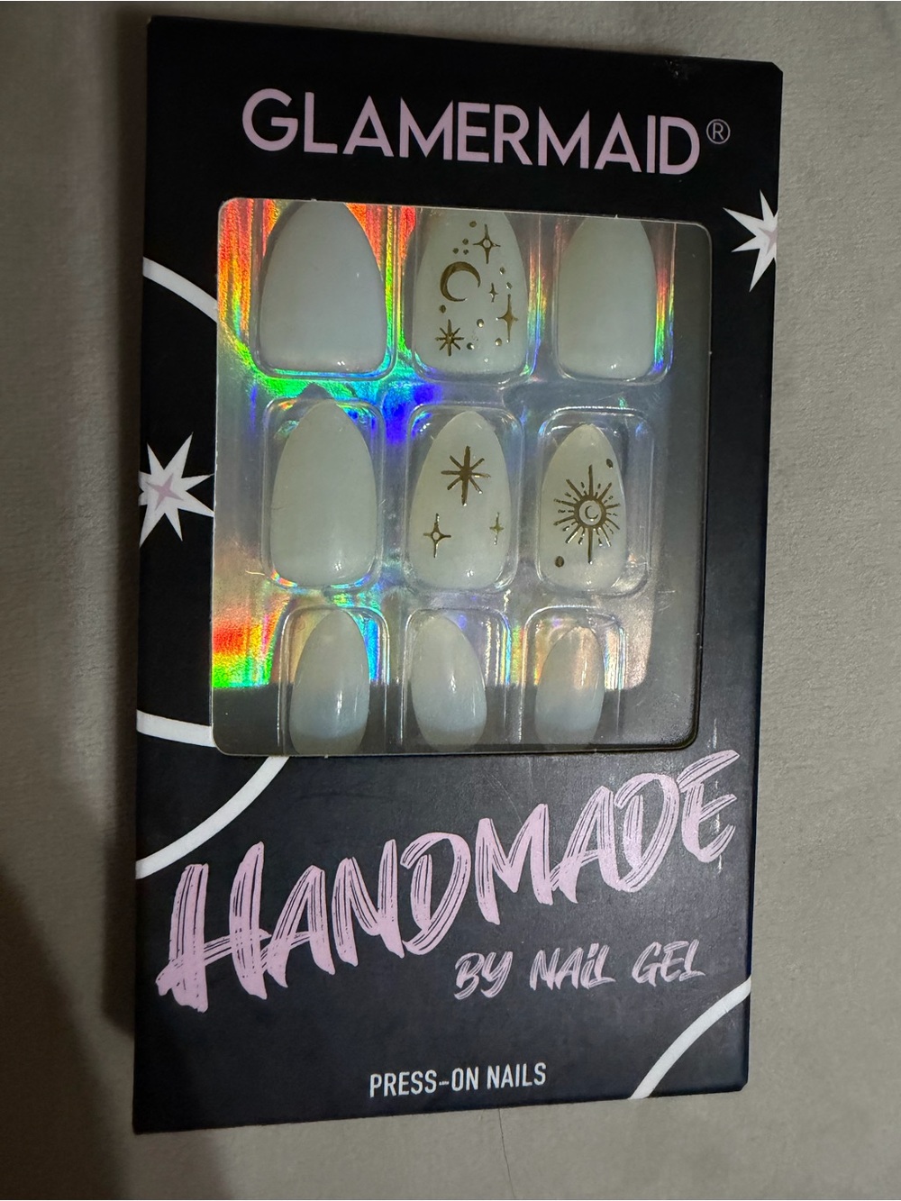 Glamermaid Handmade White Press-On Nails with Gold Celestial Accents 24 pcs